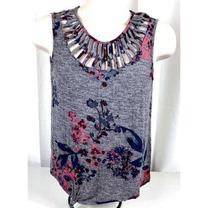 Maurices Floral Lattice Neckline Knotted Front Tank Small Gray Rayon Blend